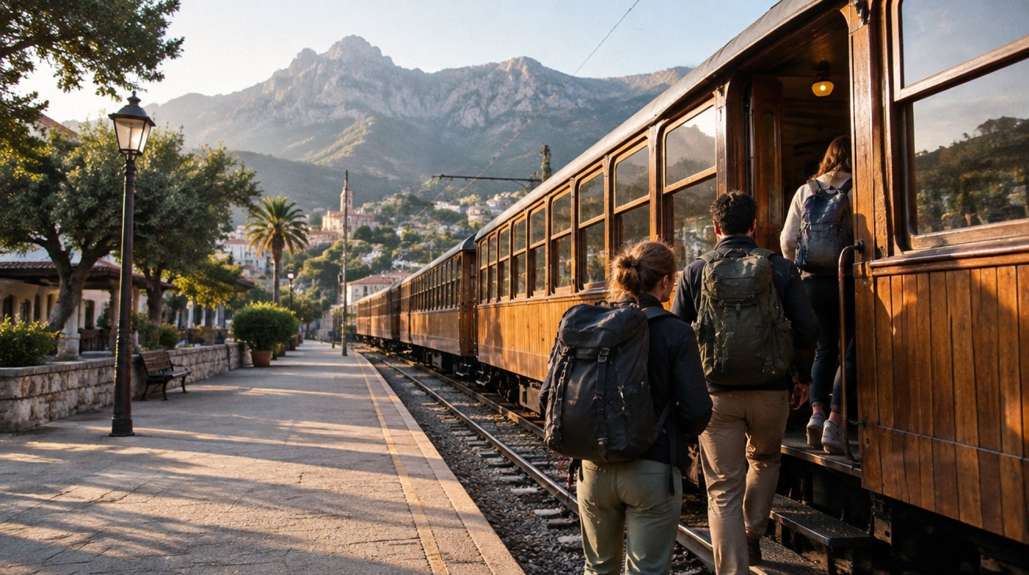 Reisende am Bahnhof Sóller beim Einsteigen in den historischen Zug