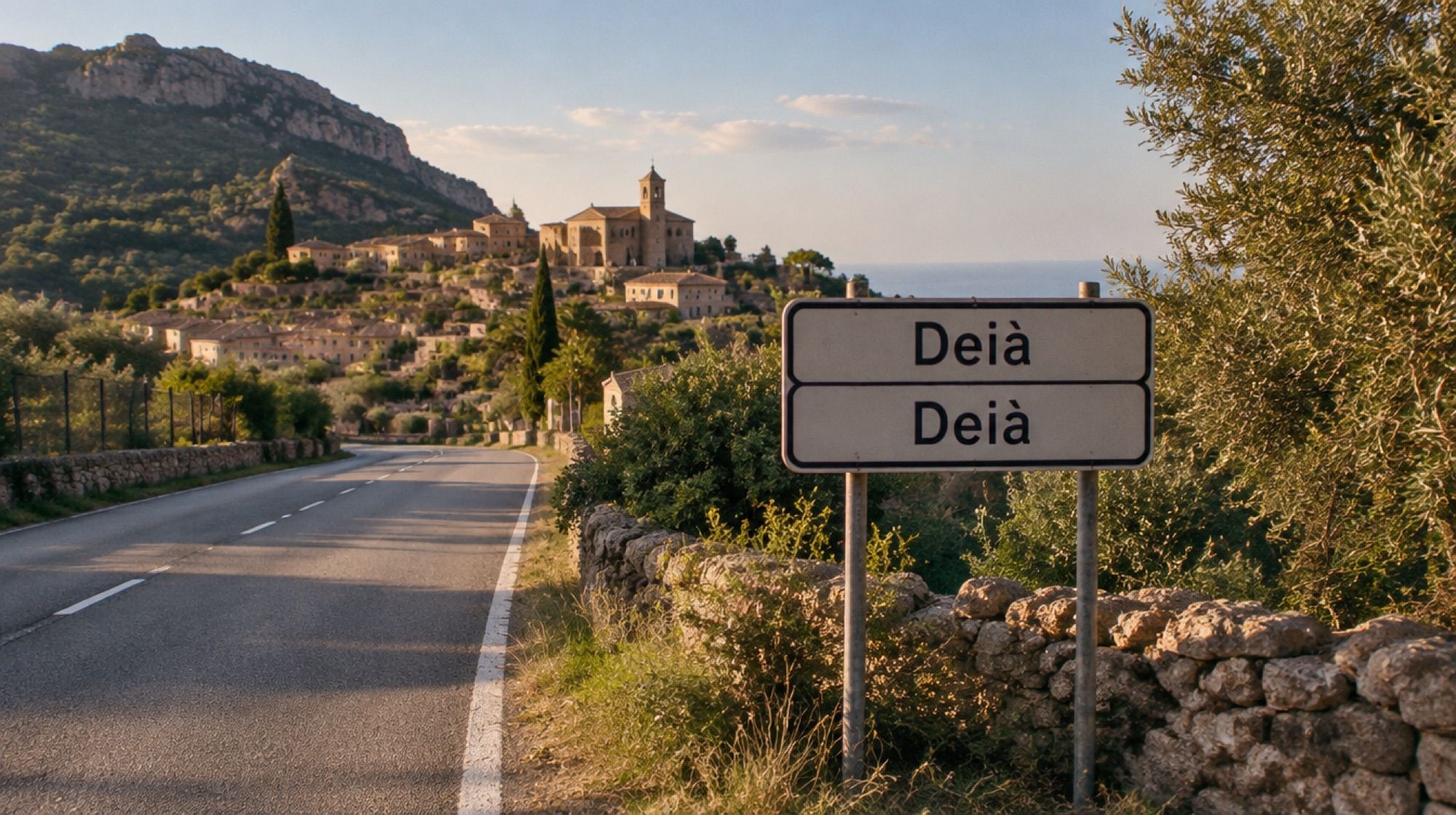Zweisprachiges Ortsschild an einer Landstraße auf Mallorca im Nachmittagslicht