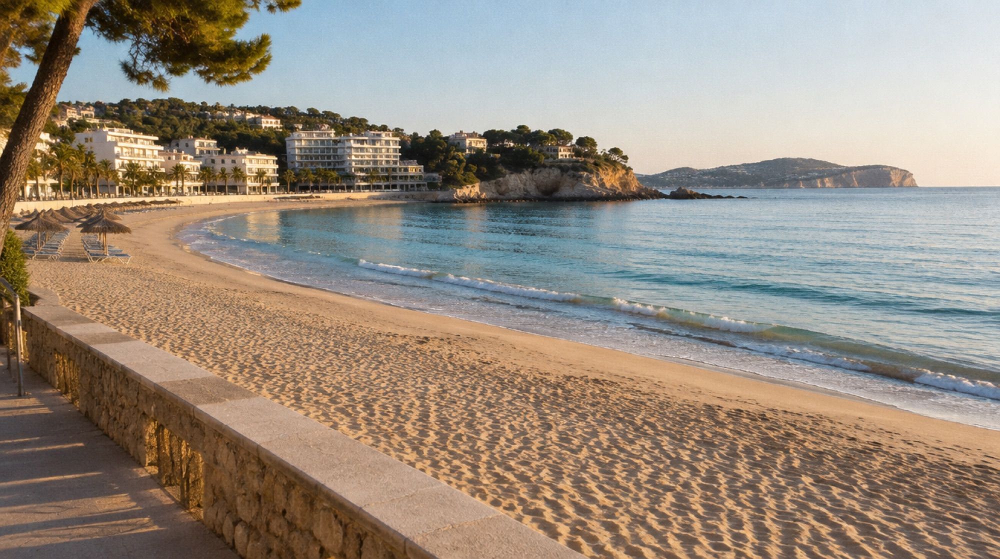 Platja de Tora in Paguera mit Sandstrand und Promenade am Vormittag
