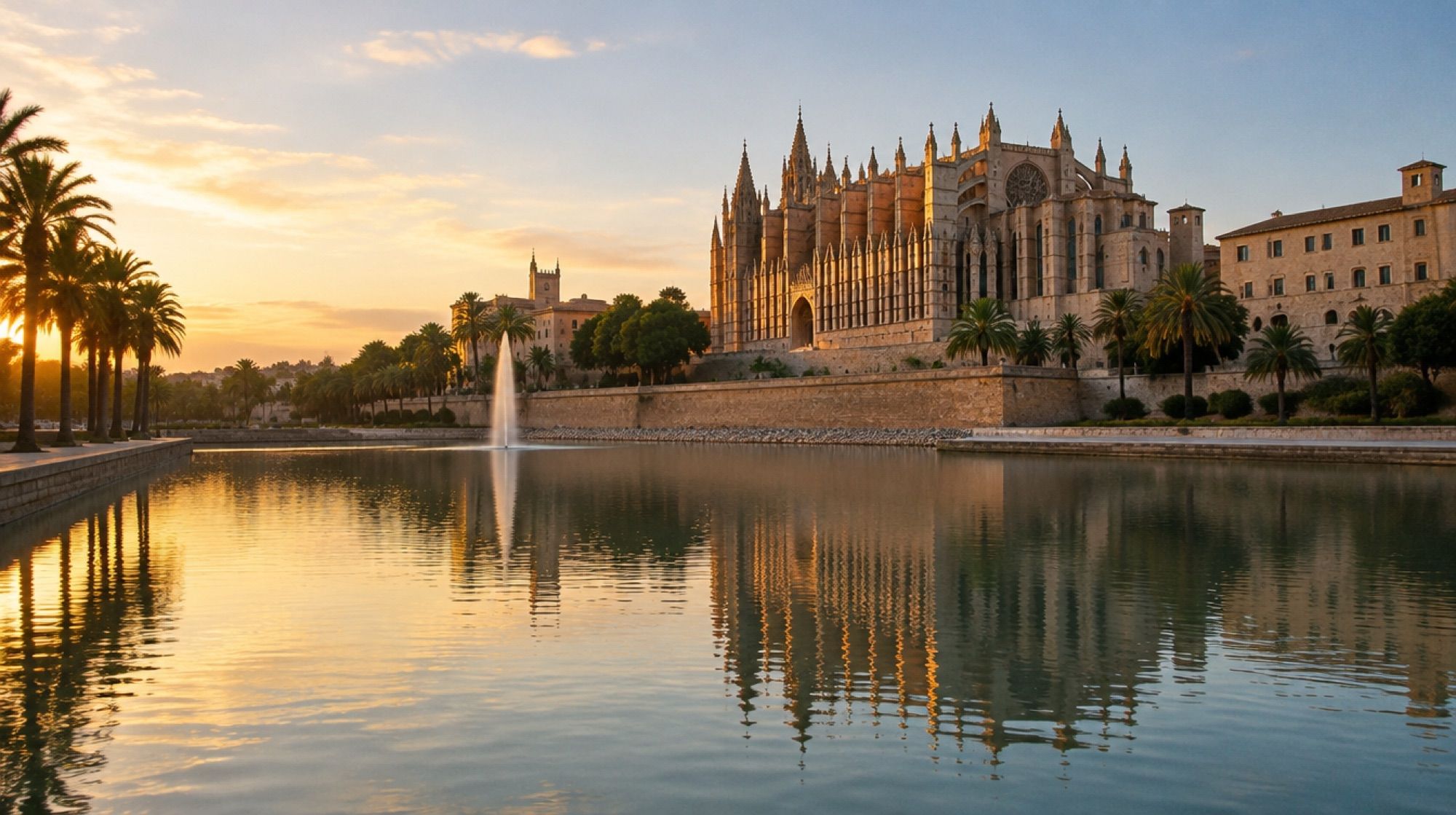 Kathedrale La Seu in Palma mit Spiegelung im Parc de la Mar