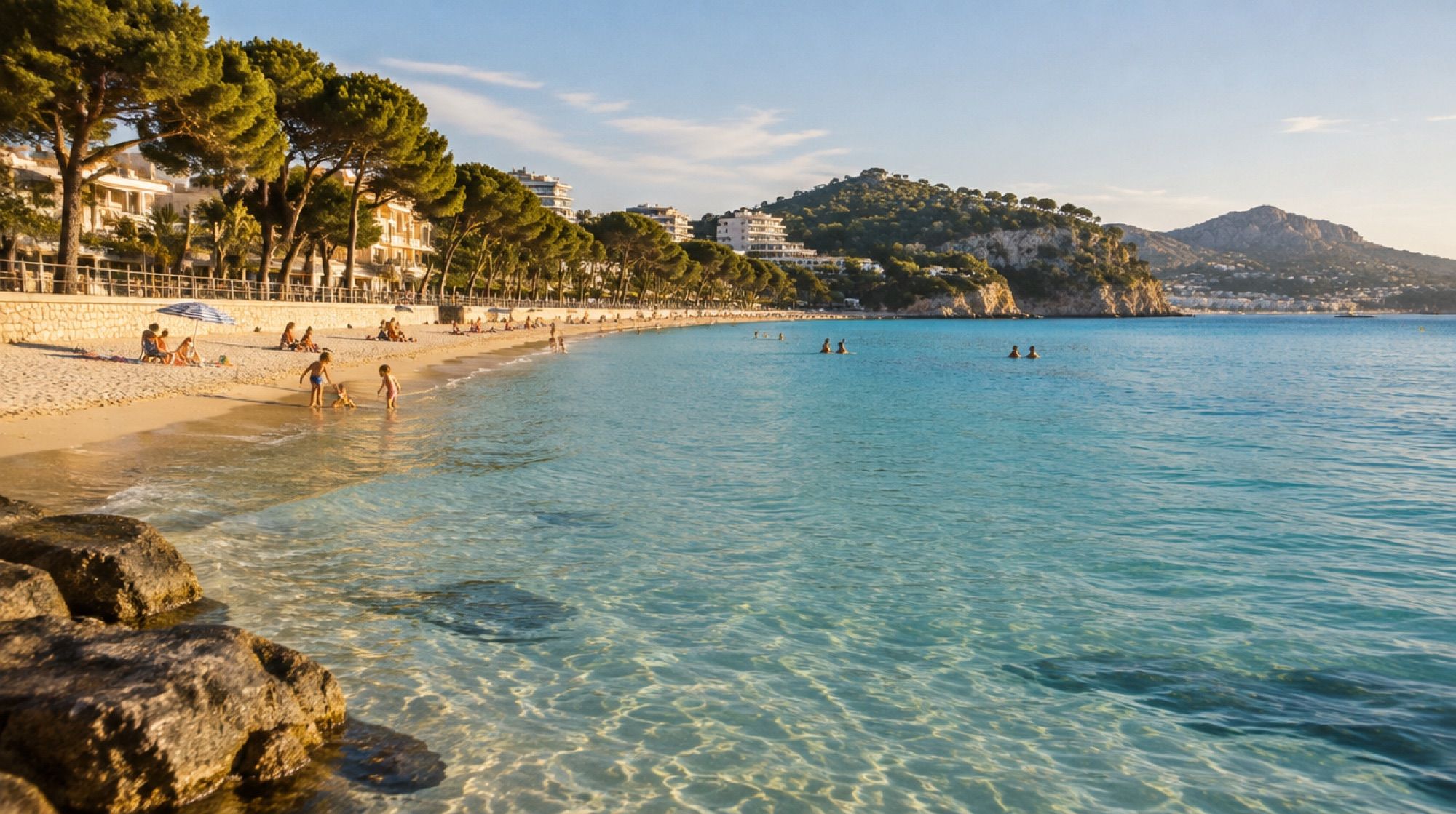 Platja de Tora in Peguera mit flachem Wasser und Promenade