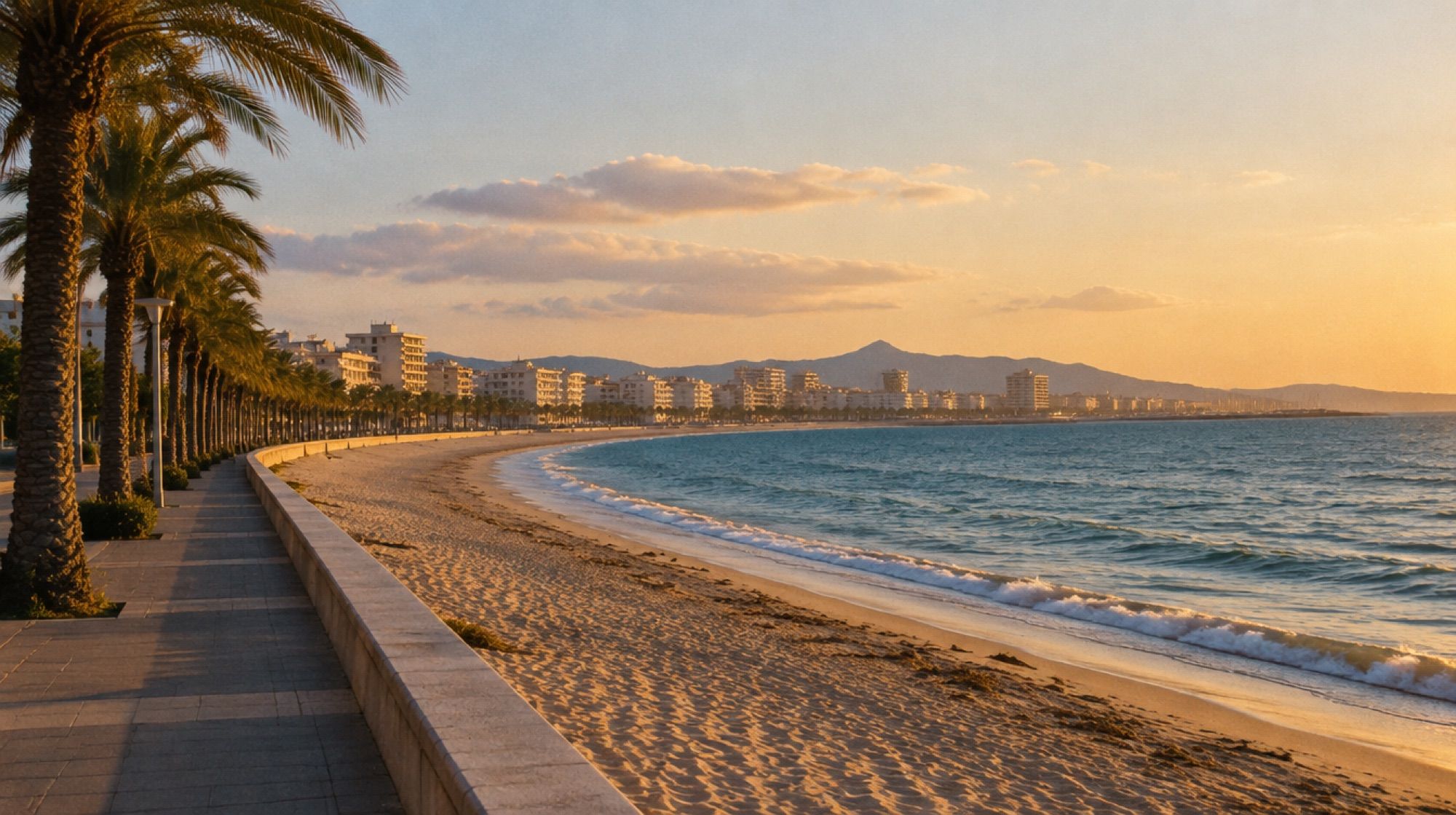 Playa de Palma mit Palmenpromenade und Blick über die Bucht nach s'Arenal