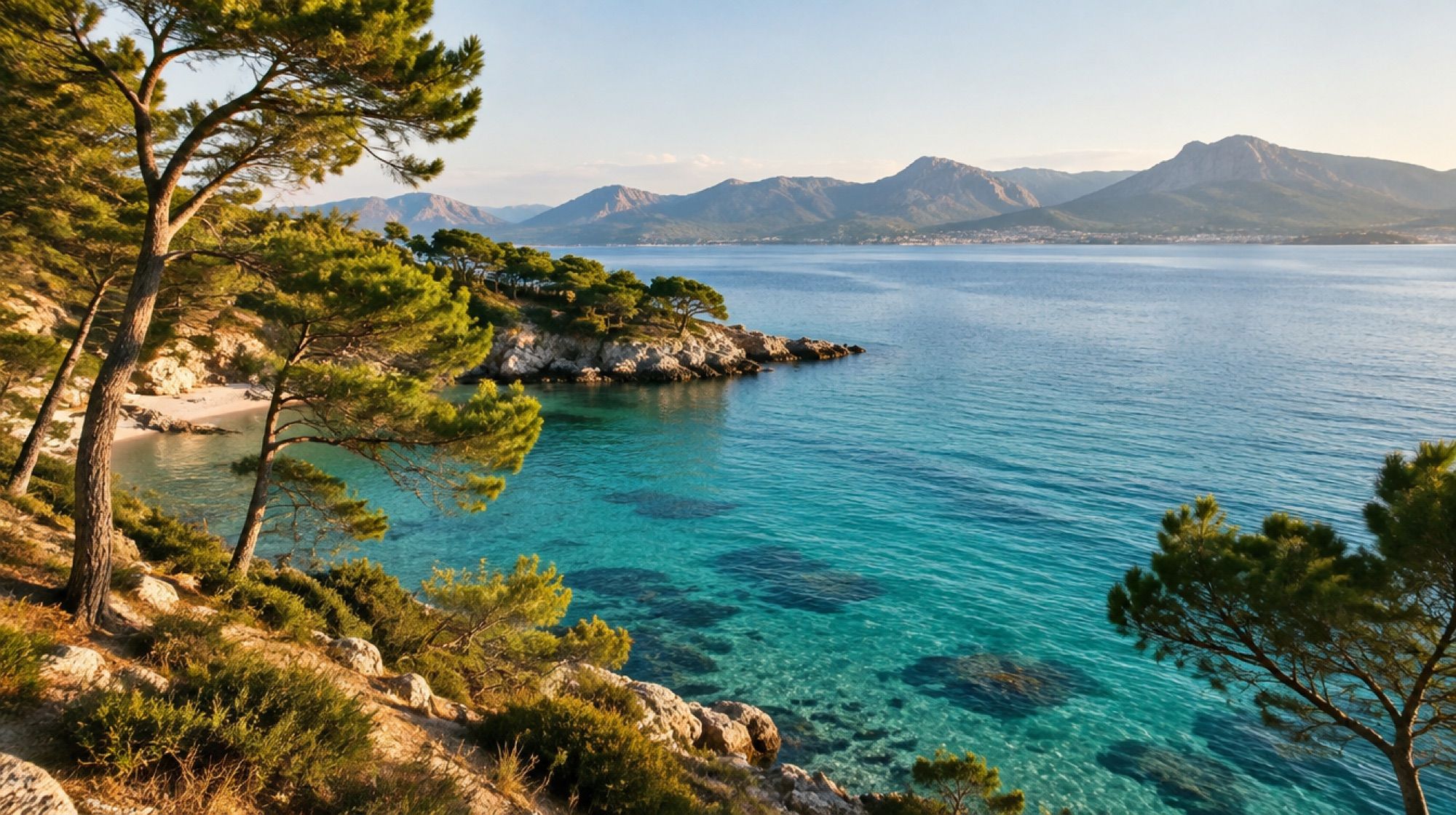 Pinienstrand Platja de Formentor mit klarem türkisfarbenem Wasser im Morgenlicht