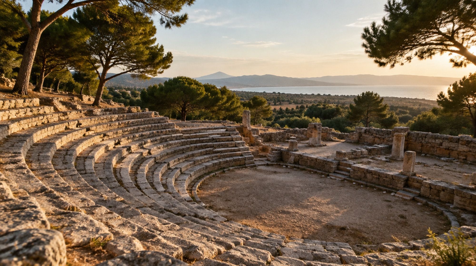 Römisches Theater von Pollentia unter Pinien bei Alcúdia im Nachmittagslicht