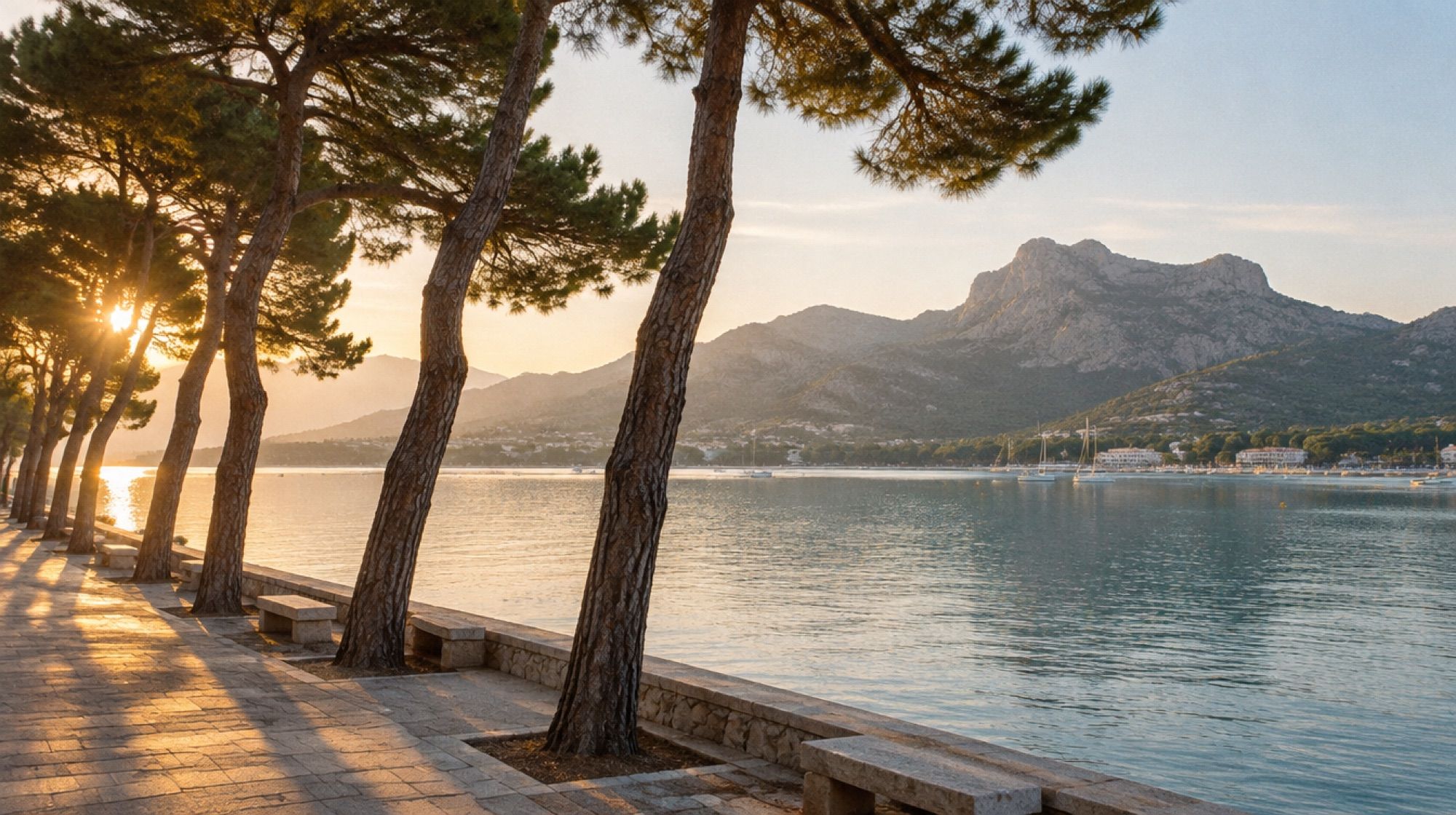 Pinewalk-Promenade in Port de Pollença mit Blick auf die Bucht