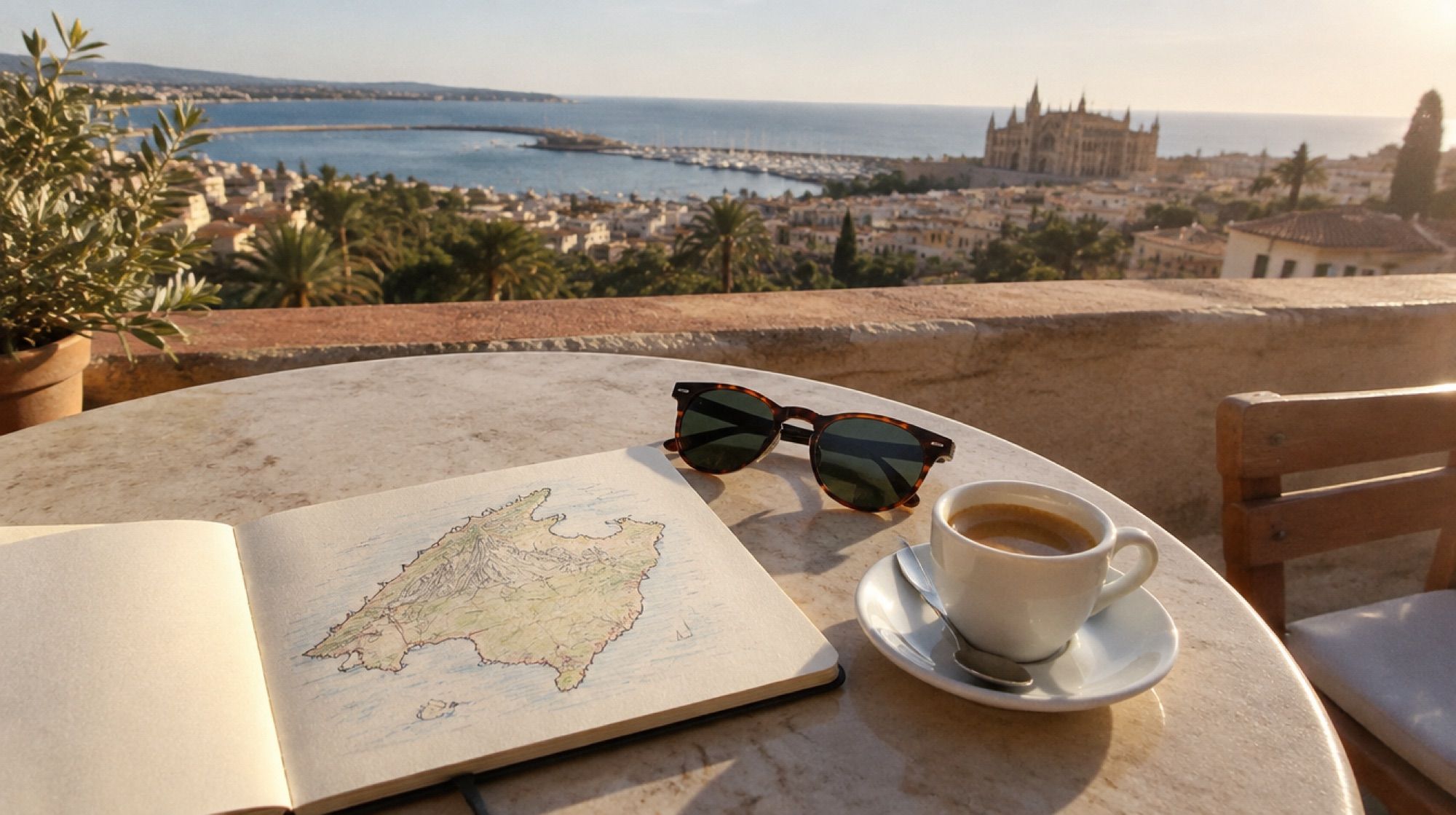 Notizbuch mit handgezeichneter Mallorca-Karte und Espresso auf einem Terrassentisch