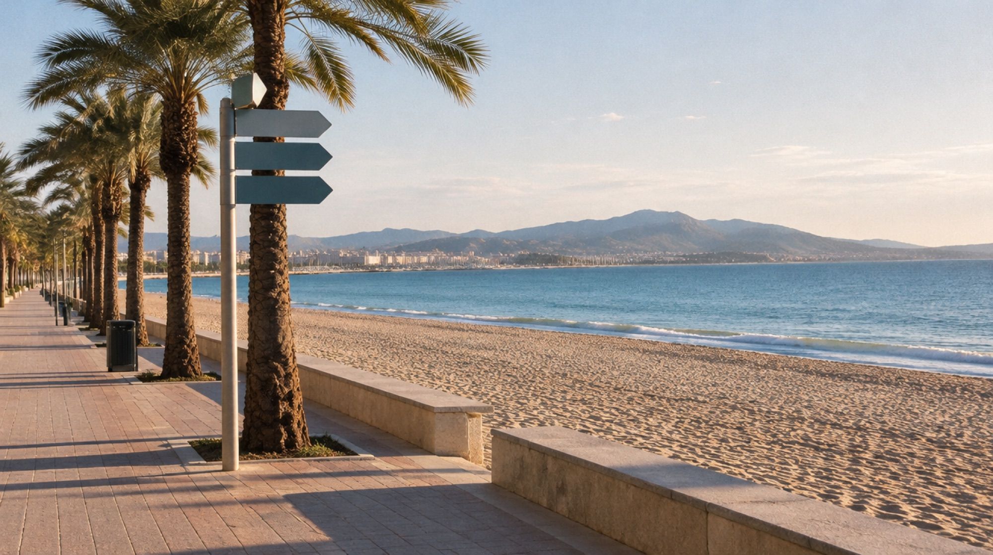 Strandpromenade an der Playa de Palma am Vormittag mit Hinweisschild und Palmen