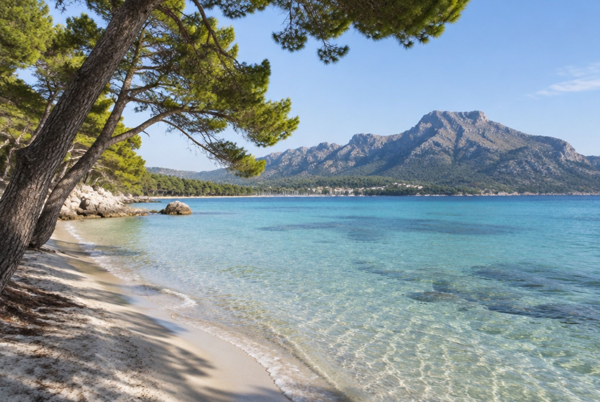 Pinien über flachem, türkisem Wasser an einer Bucht im Norden