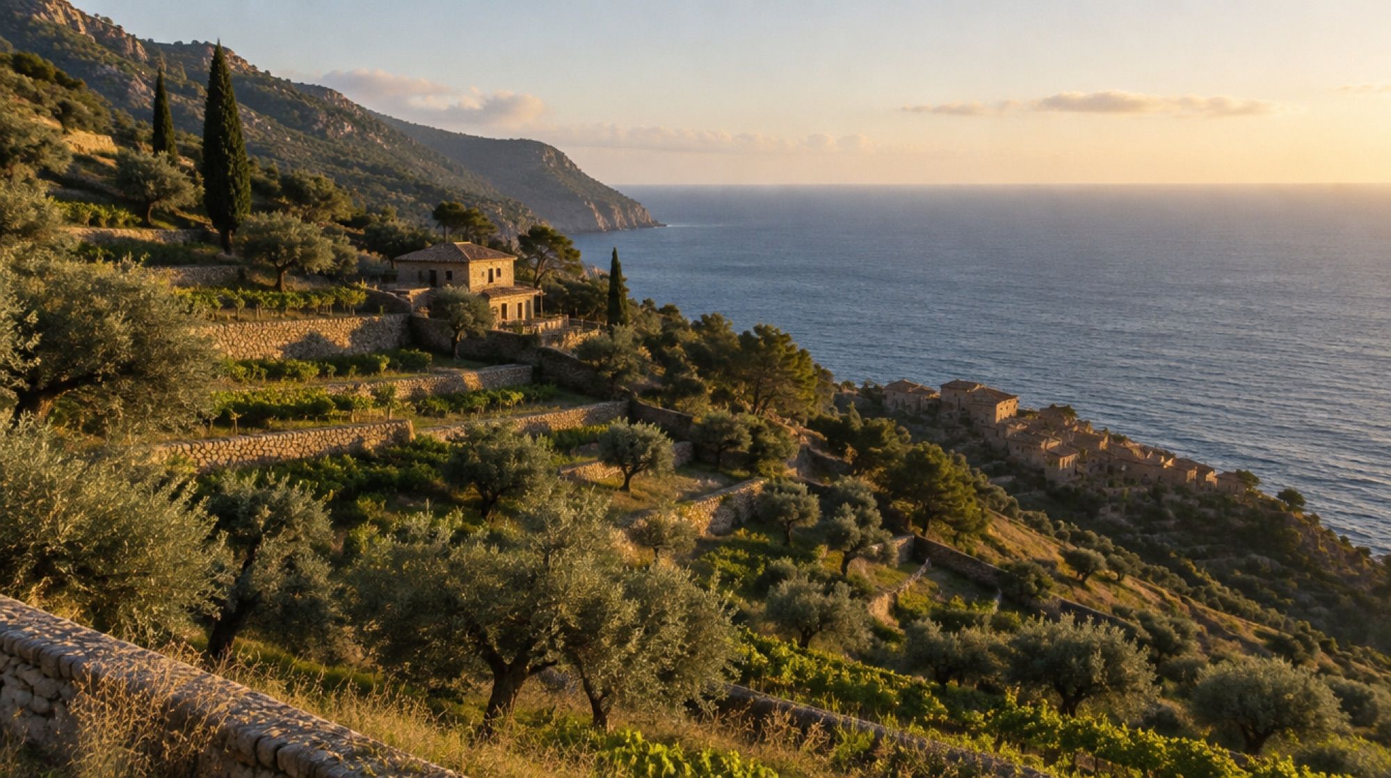 Terrassenfelder der Tramuntana-Küste bei Banyalbufar über dem Meer am Nachmittag