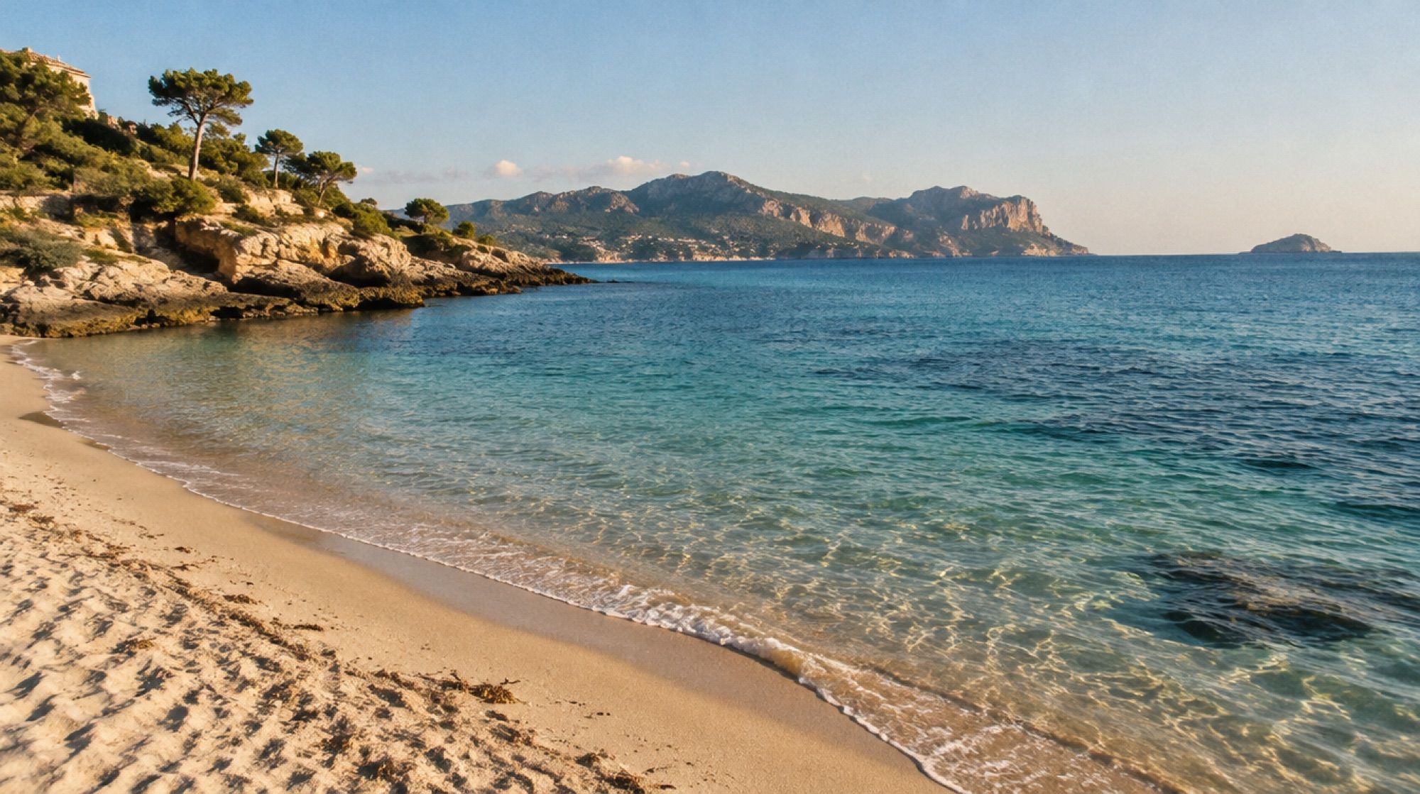 Ruhiger Sandstrand auf Mallorca in der Nachsaison mit wenigen Badegästen am Nachmittag