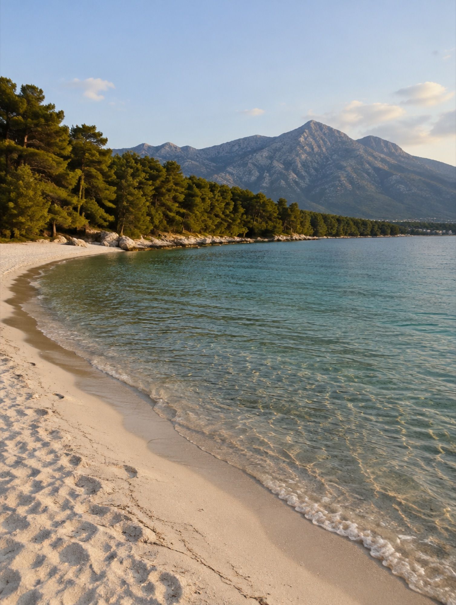 Weite flache Bucht mit Pinienwald und Bergen am Horizont