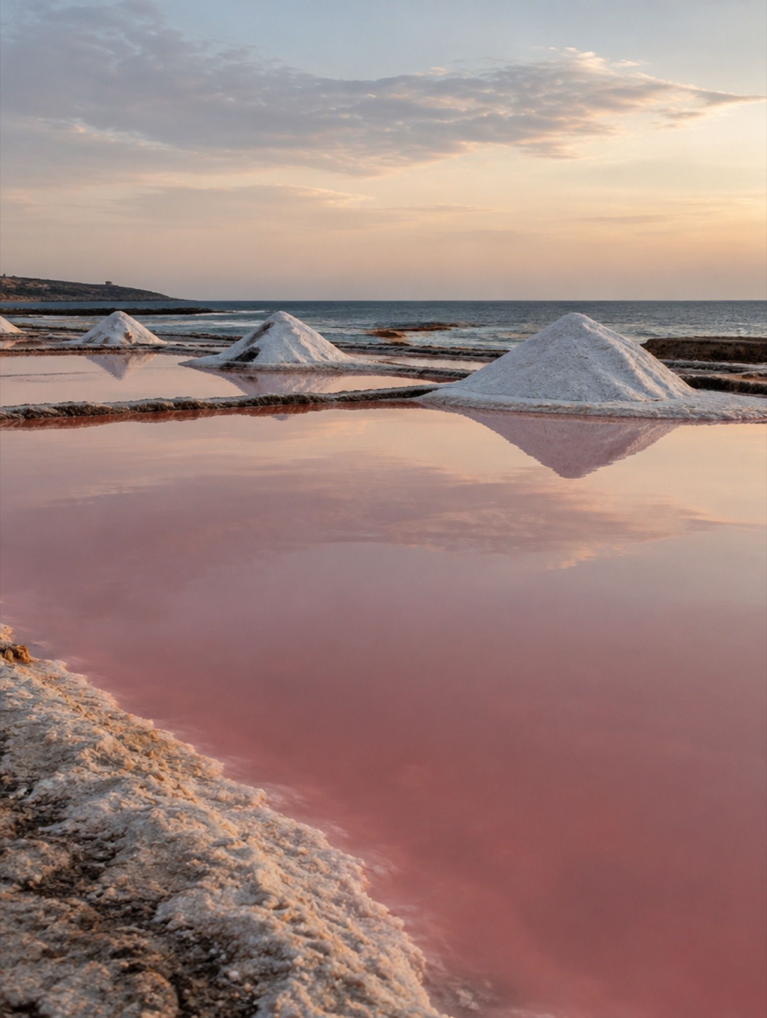 Salinen mit rosafarbenem Wasser und Salzhaufen nahe der Küste