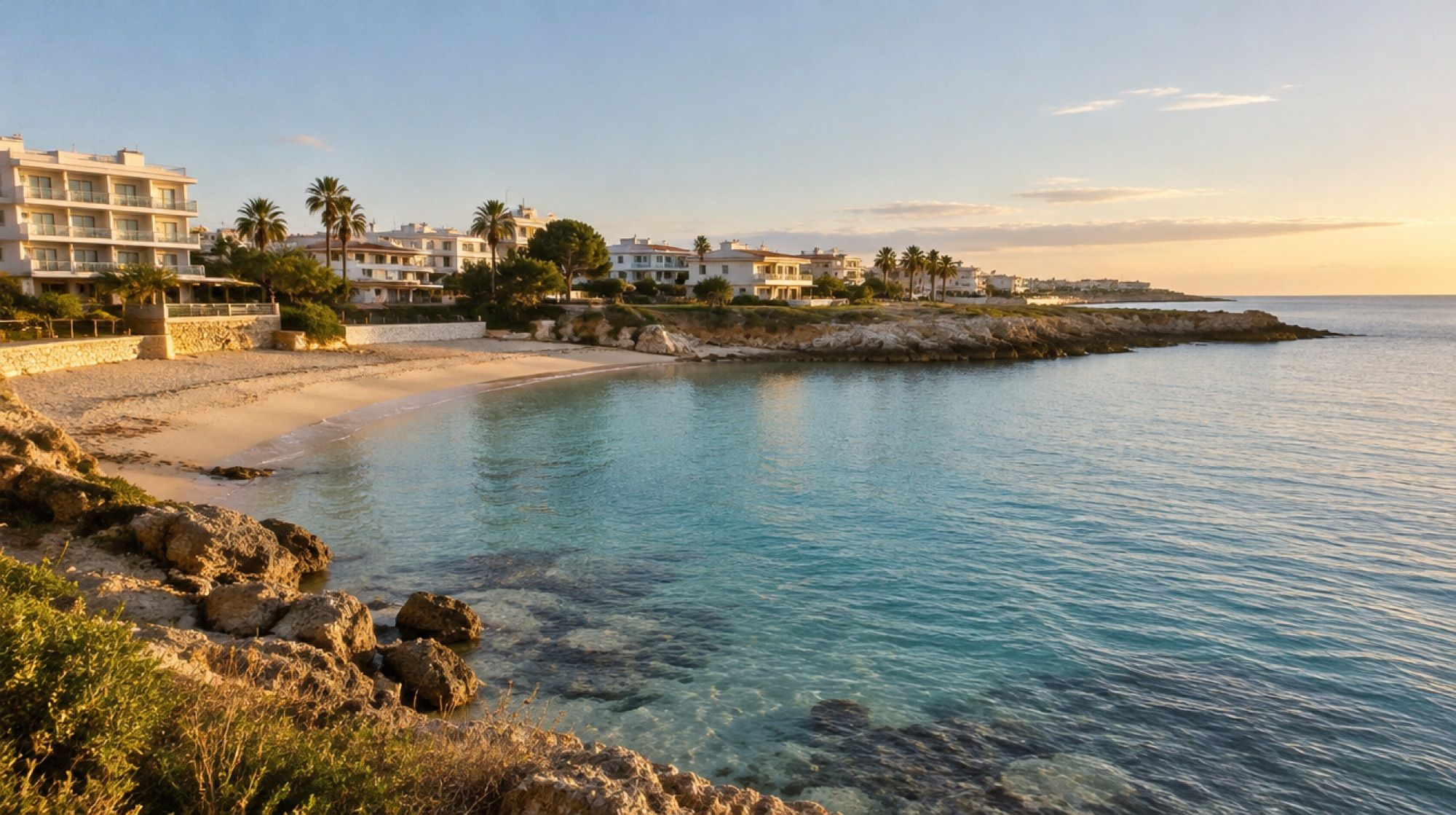 Badebucht Cala Moreia in S'Illot am Morgen mit klarem Wasser und niedriger Bebauung