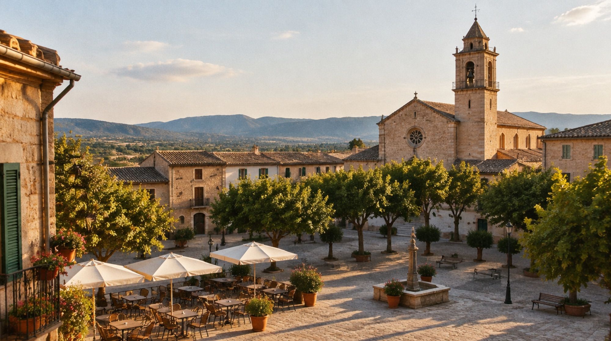 Ortszentrum von Sant Llorenç des Cardassar mit Kirchturm und Straßencafé am Vormittag