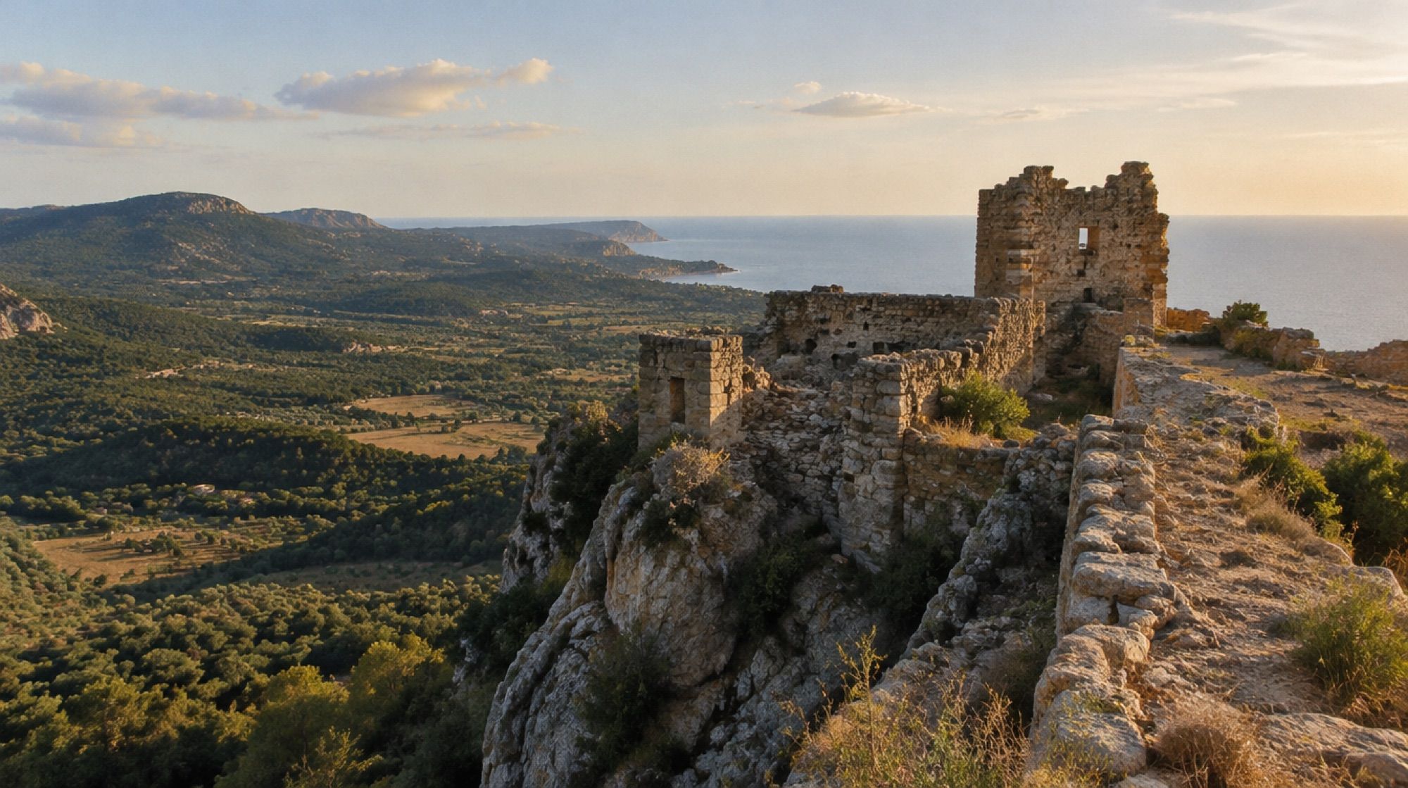 Burgruine Castell de Santueri auf der Felskante bei Felanitx im Nachmittagslicht