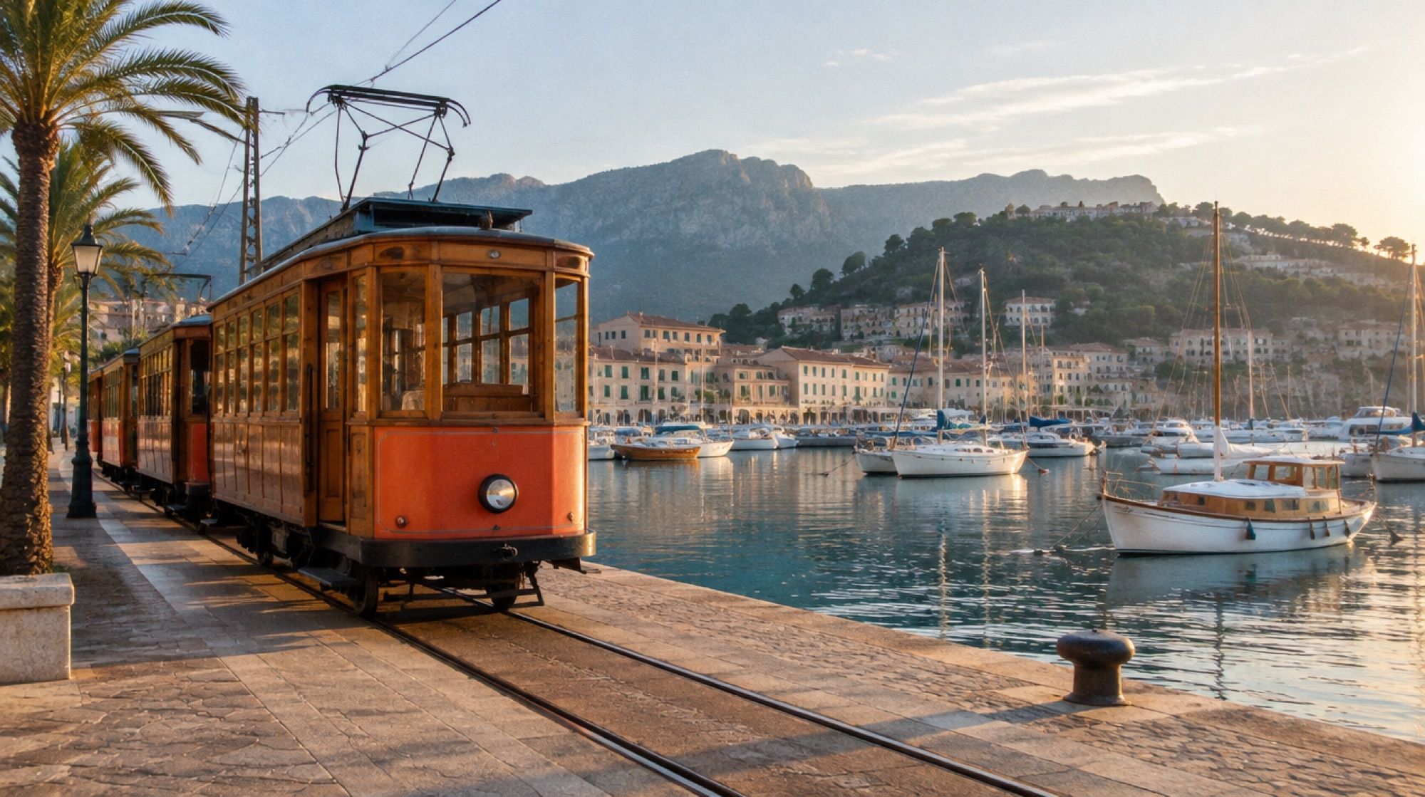 Straßenbahn an der Hafenpromenade von Port de Sóller