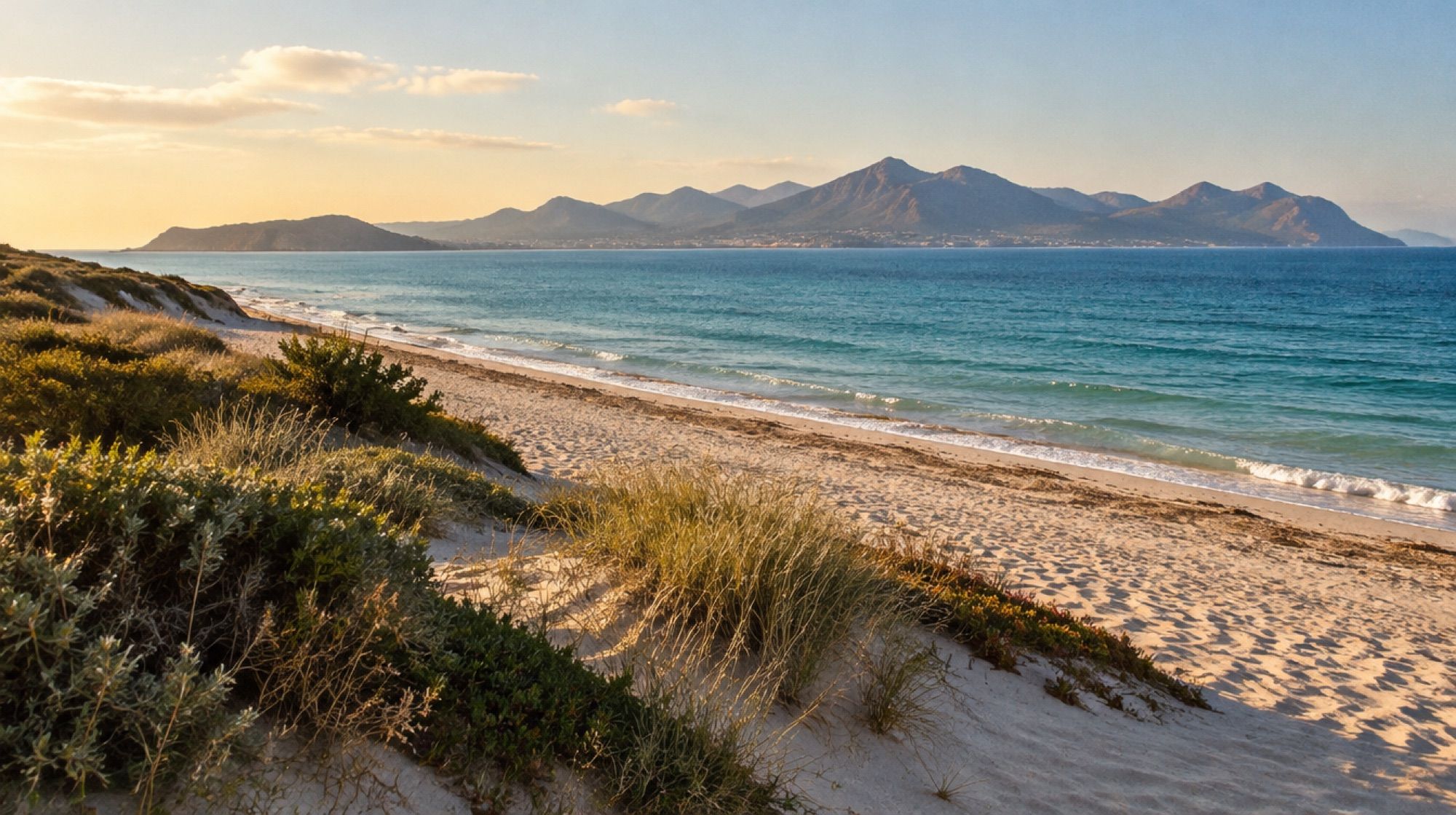 Naturstrand von Son Serra de Marina am Nachmittag mit Dünenvegetation und leerem Sand