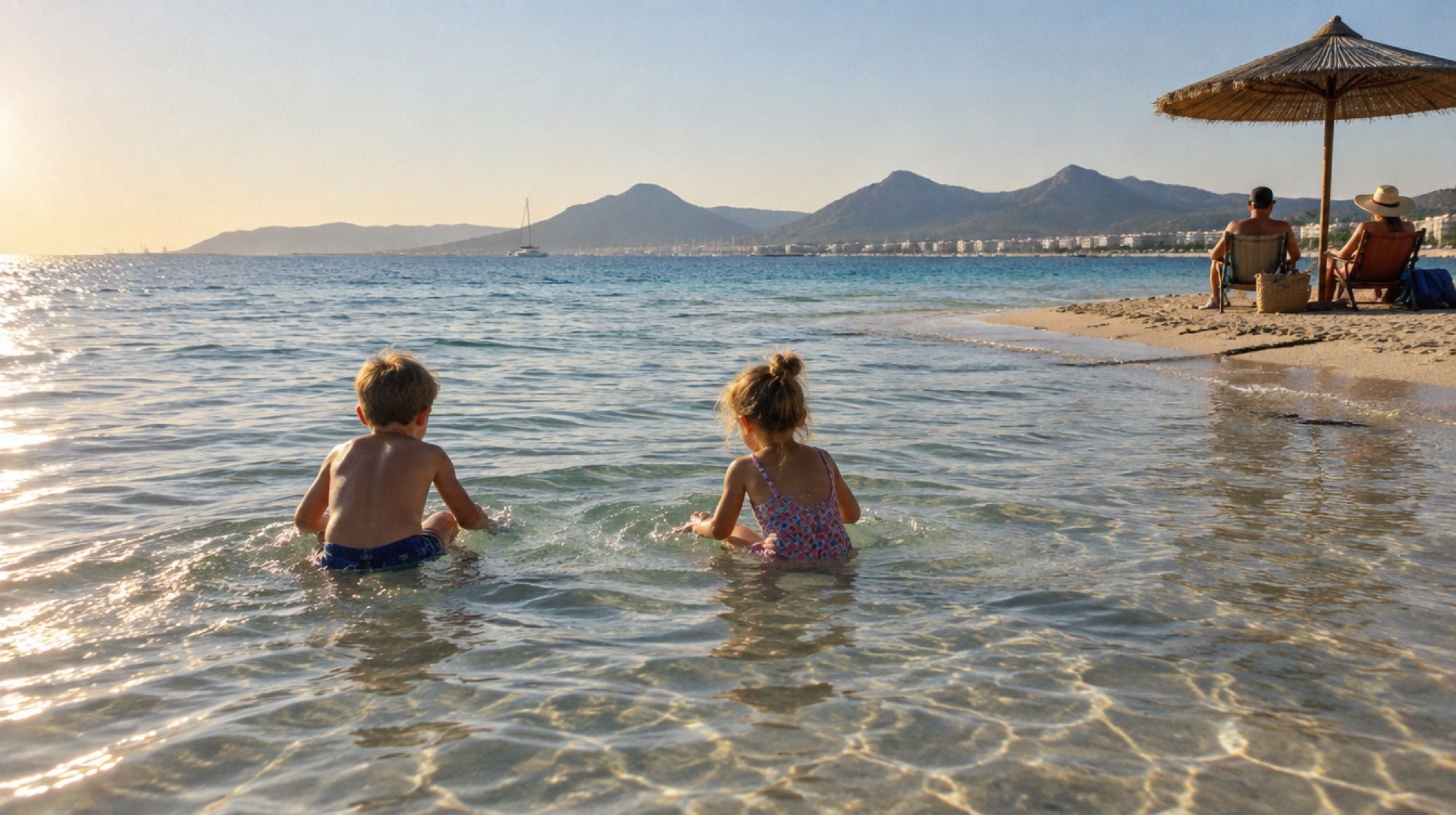 Kinder im flachen Wasser an einem Strand in der Bucht von Alcúdia