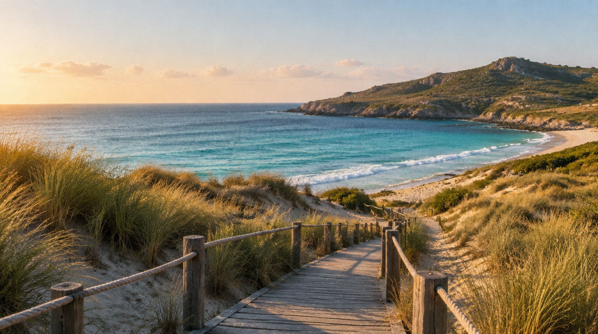 Dünen und Holzsteg an der Cala Mesquida mit Strandhafer und türkisfarbenem Meer