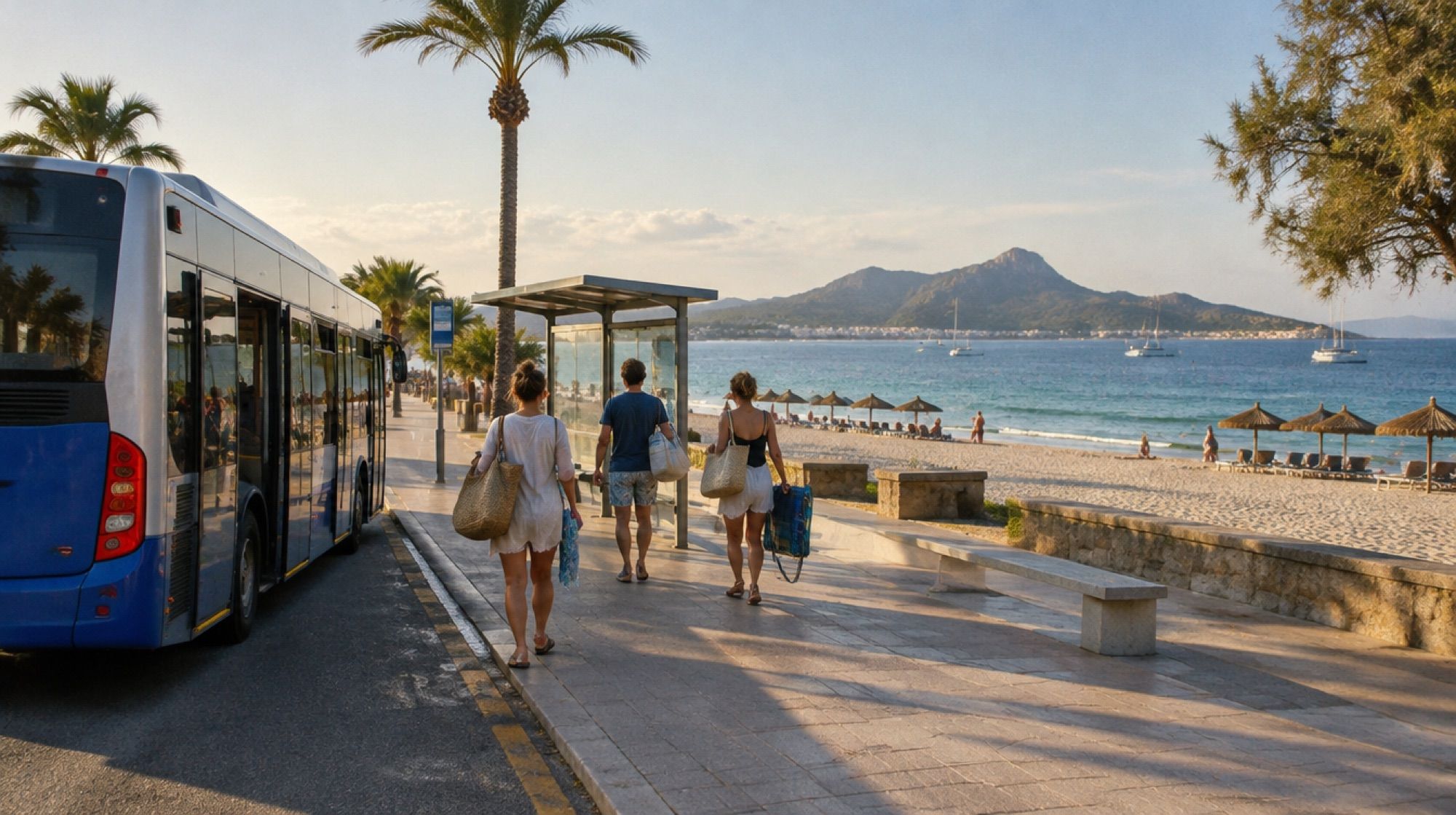 Bushaltestelle an der Strandpromenade von Port d'Alcúdia mit Badegästen am Vormittag