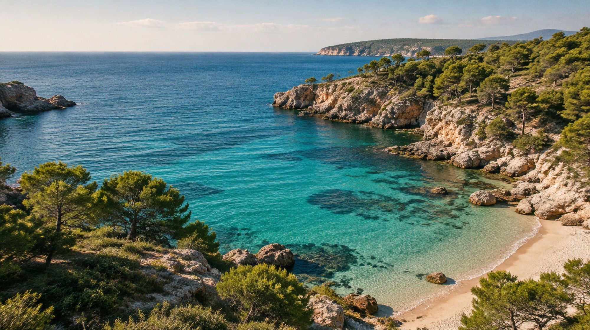 Luftbild einer türkisfarbenen Felsbucht mit hellem Sand an der Ostküste Mallorcas