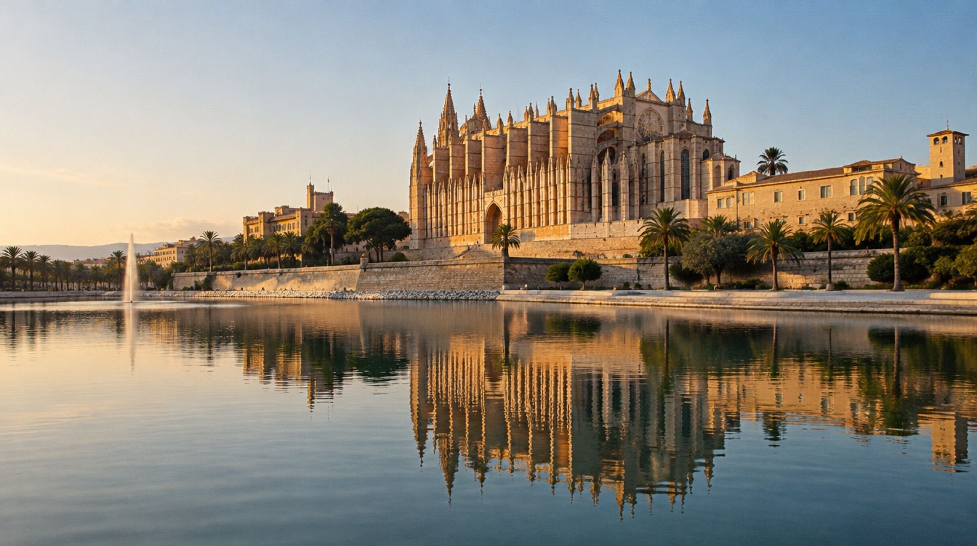 Kathedrale La Seu in Palma am frühen Vormittag mit Spiegelung im Teich
