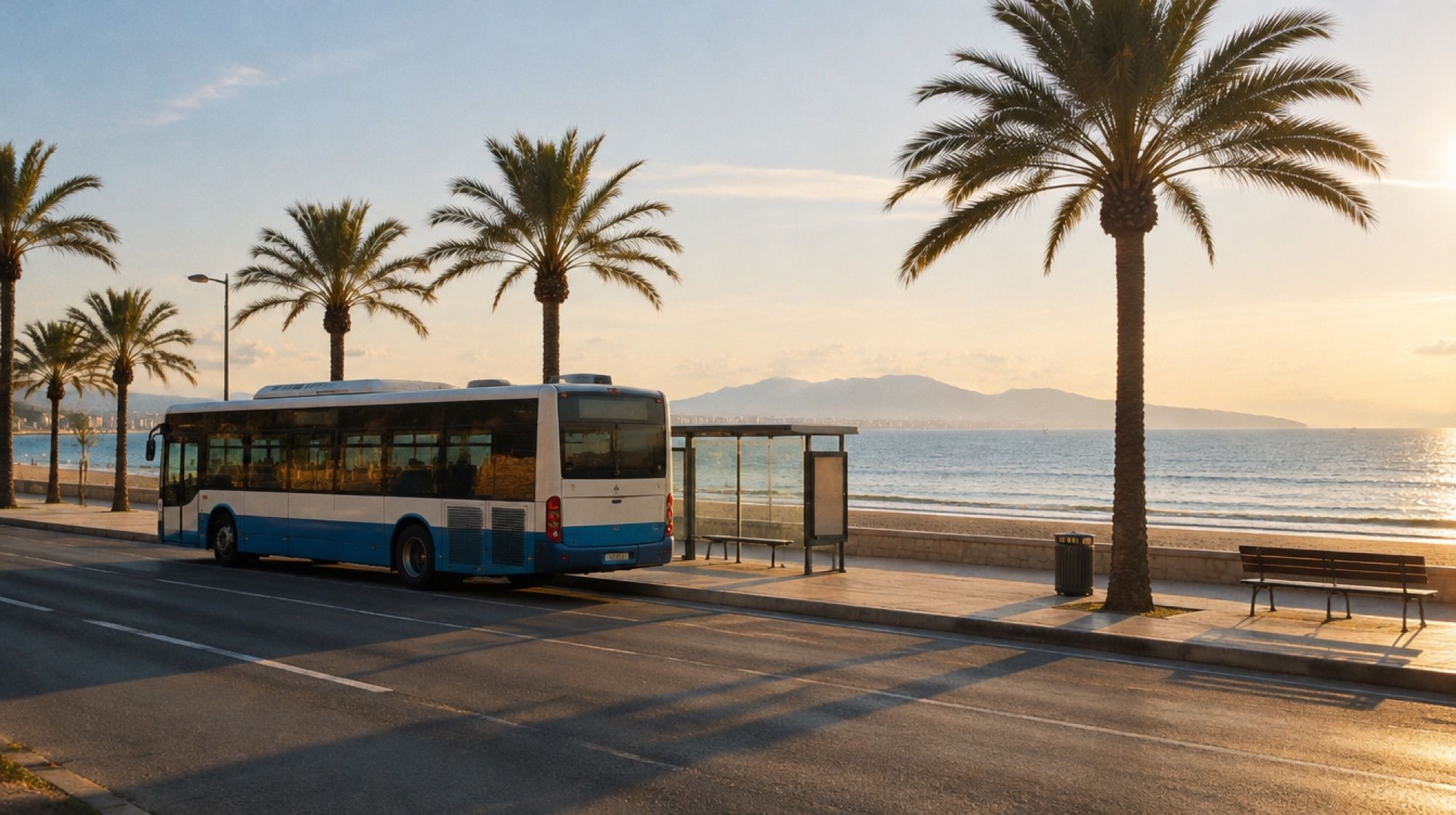 Linienbus an einer Haltestelle an der Strandpromenade der Playa de Palma am Vormittag
