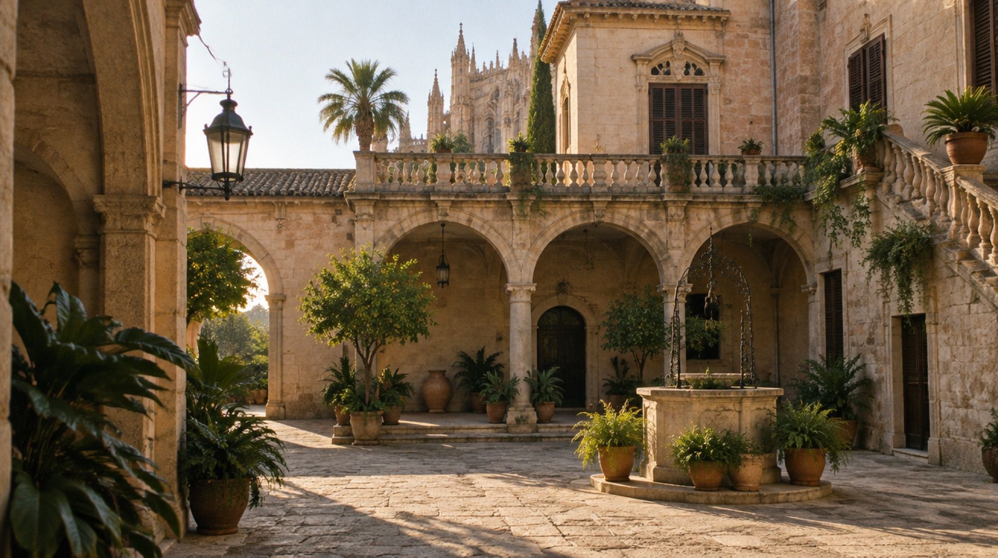 Innenhof eines historischen Stadtpalasts in Palma mit Steinbögen und Pflanzen