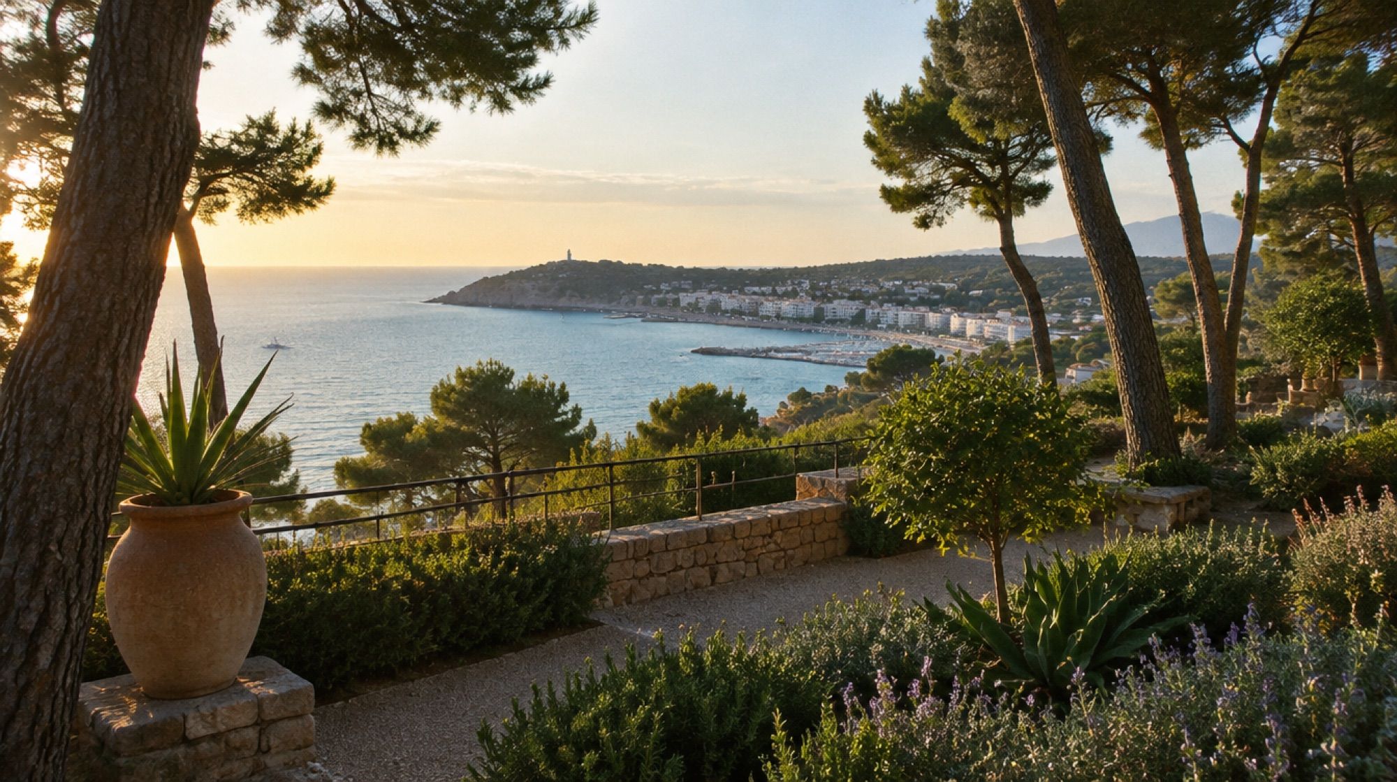 Bronzeskulptur im Garten der Villa March zwischen Pinien mit Blick auf Cala Ratjada
