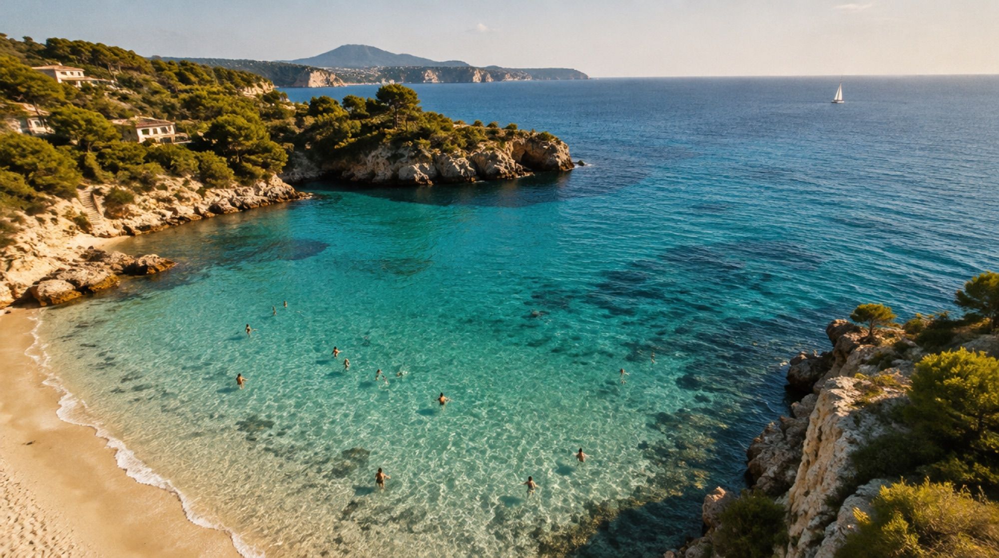 Klares Wasser in einer Sandbucht auf Mallorca mit Schwimmern