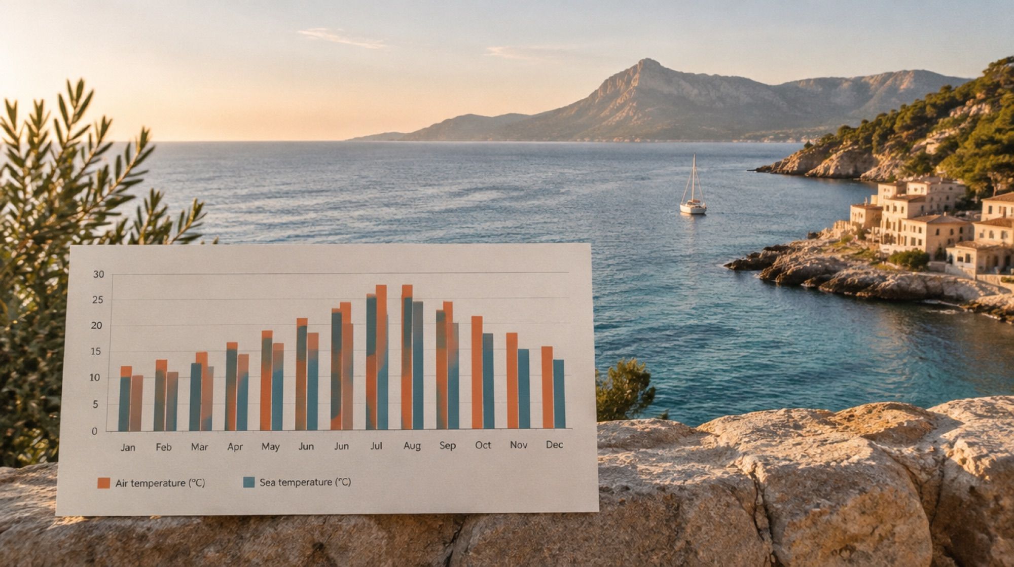 Grafik der Luft- und Wassertemperaturen auf Mallorca im Jahresverlauf