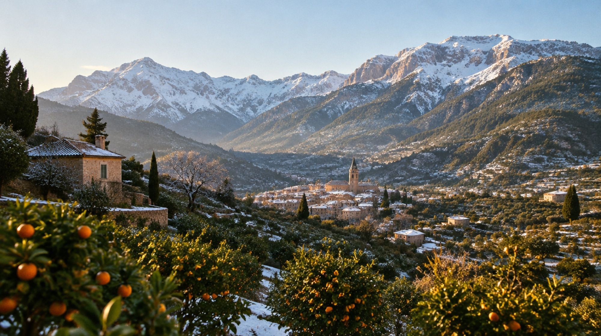 Tal von Sóller im Winter mit Orangenbäumen und Bergen