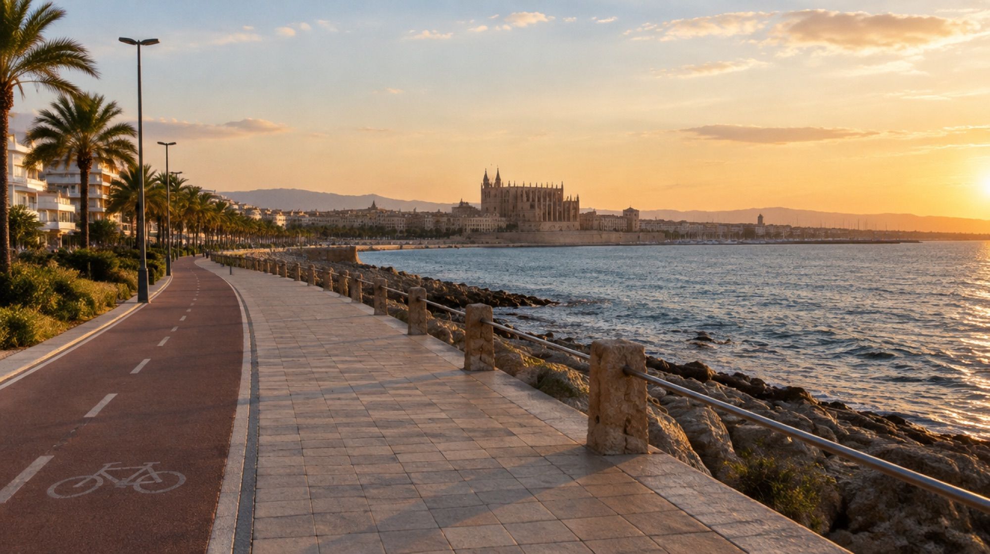 Promenade mit Radweg zwischen Can Pastilla und Palma, Kathedrale in der Ferne
