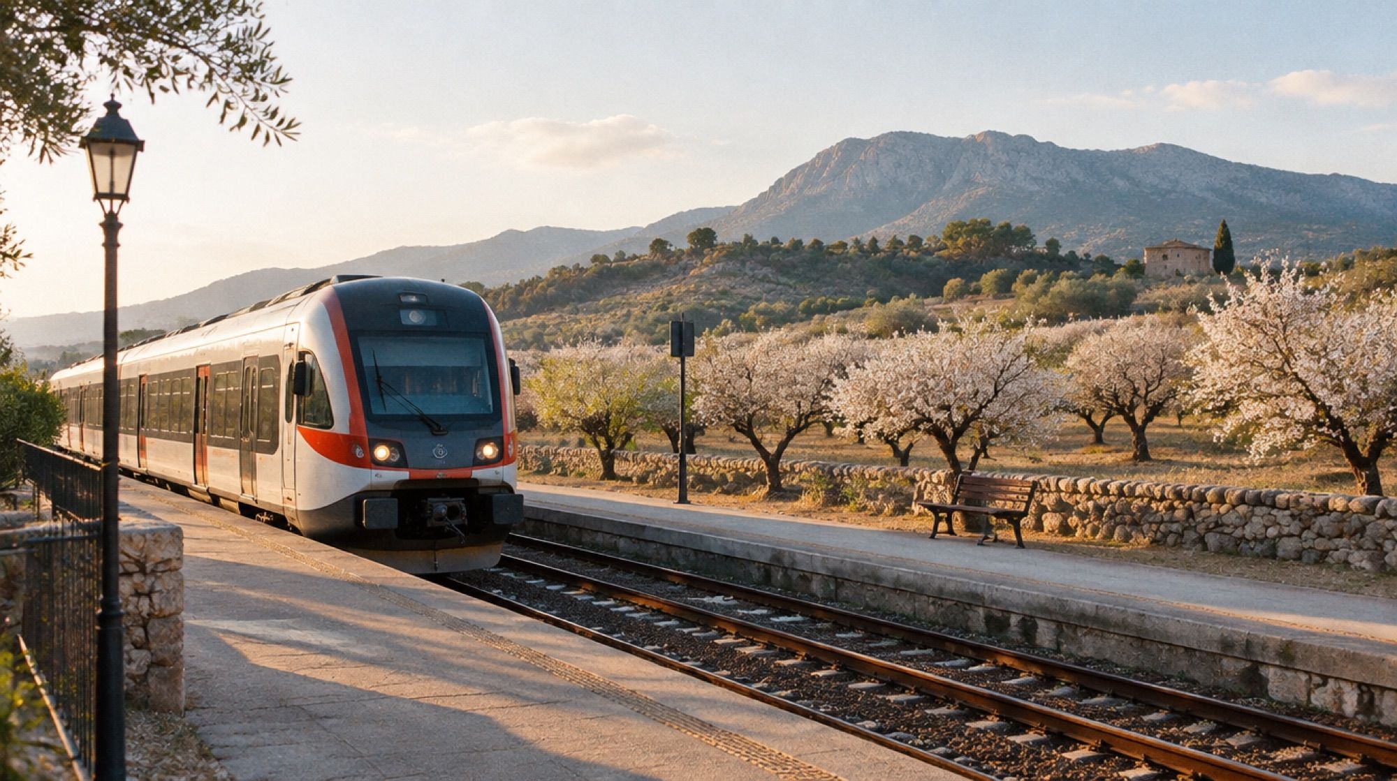 Regionalzug der SFM in einem Bahnhof im Inselinneren von Mallorca